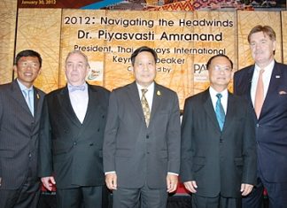 (L to R) Pandit Chanapai, THAI commercial executive vice president; Bert Van Walbeek, PATA Thailand Chapter; Piyasvasti Amranand, THAI president; Suraphon Svestasreni, governor of the Tourism Authority of Thailand; and Martin Craigs, PATA CEO.